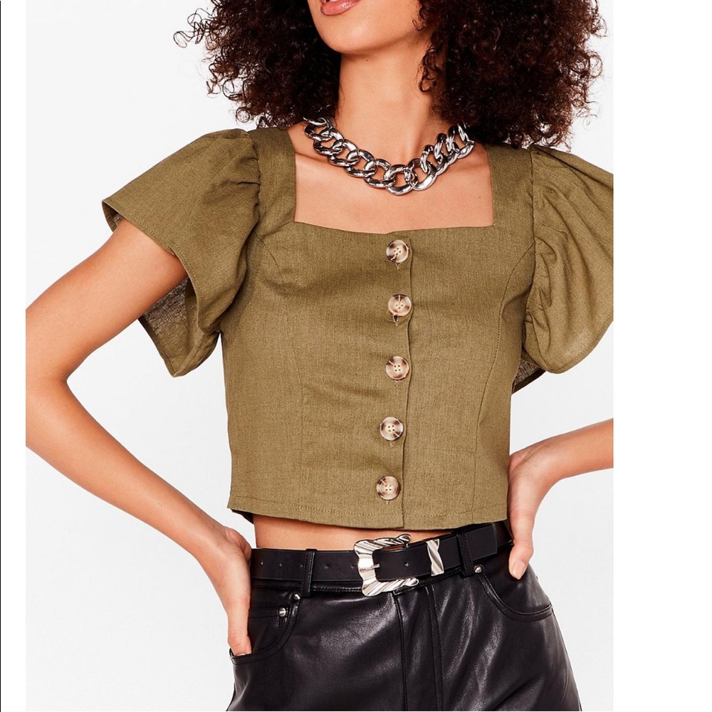 Linen Cropped Button Up Square Neck Blouse - Picture 1 of 6
